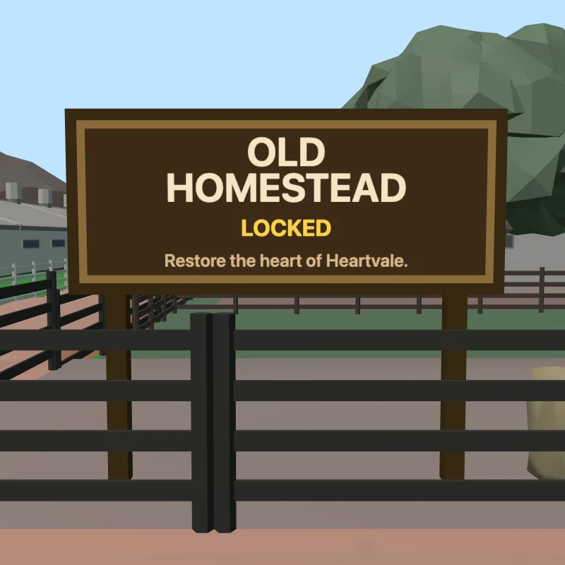 A wooden sign reading Old Homestead, Locked, behind a dark gate and fence at the homestead.