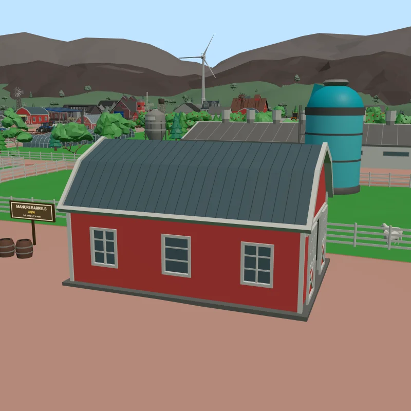 A red barn with a grey roof beside a blue silo, the village and a wind turbine in the distance.