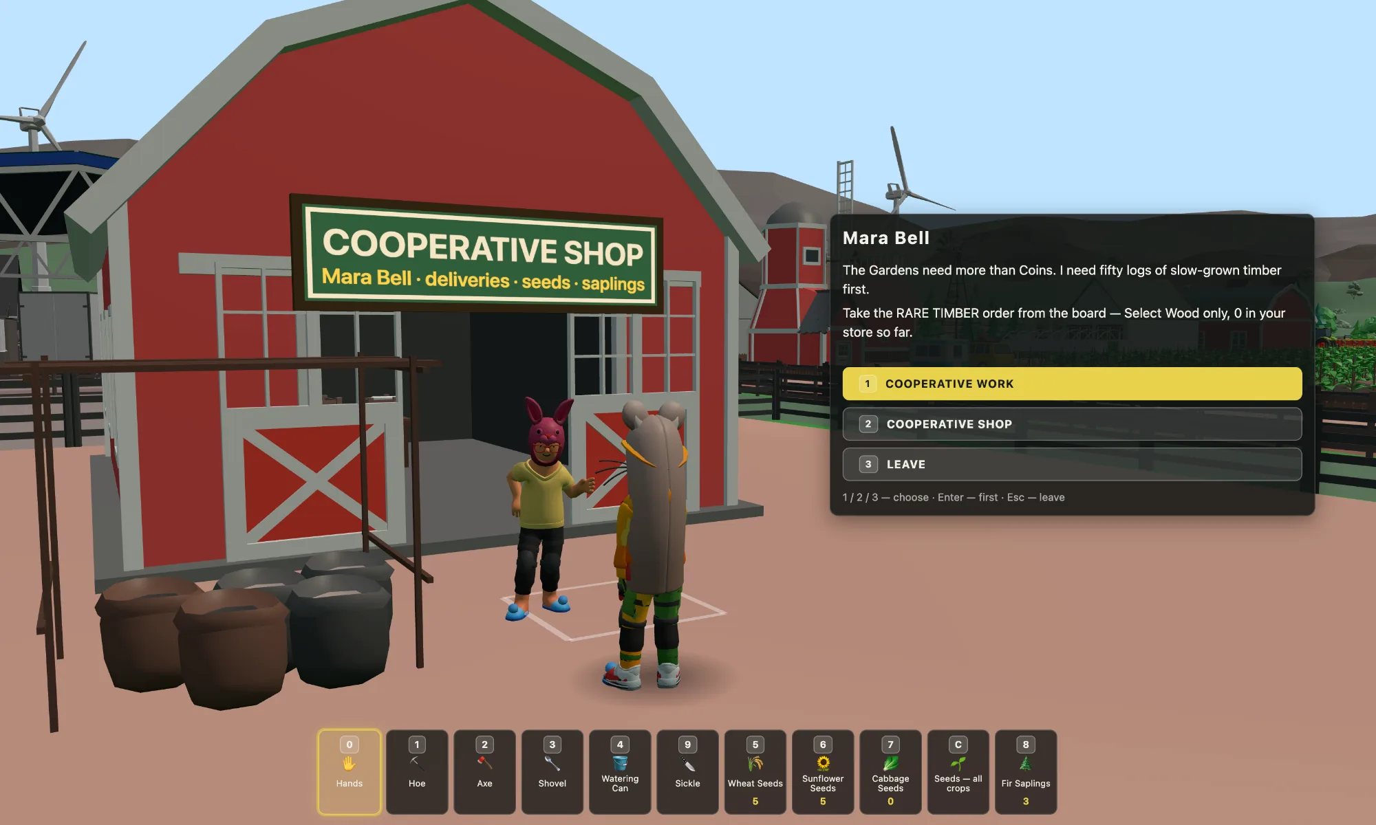 A shopkeeper character standing behind the counter of the Cooperative shop, shelves of goods and crates around her.