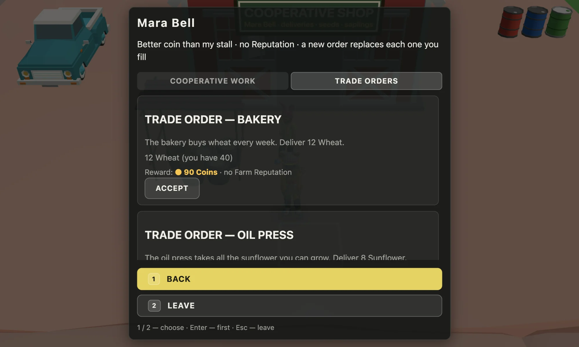 The trade orders board at Mara Bell's shop: a bakery order for 12 Wheat paying 90 Coins, with no Farm Reputation and a new order replacing each one you fill.