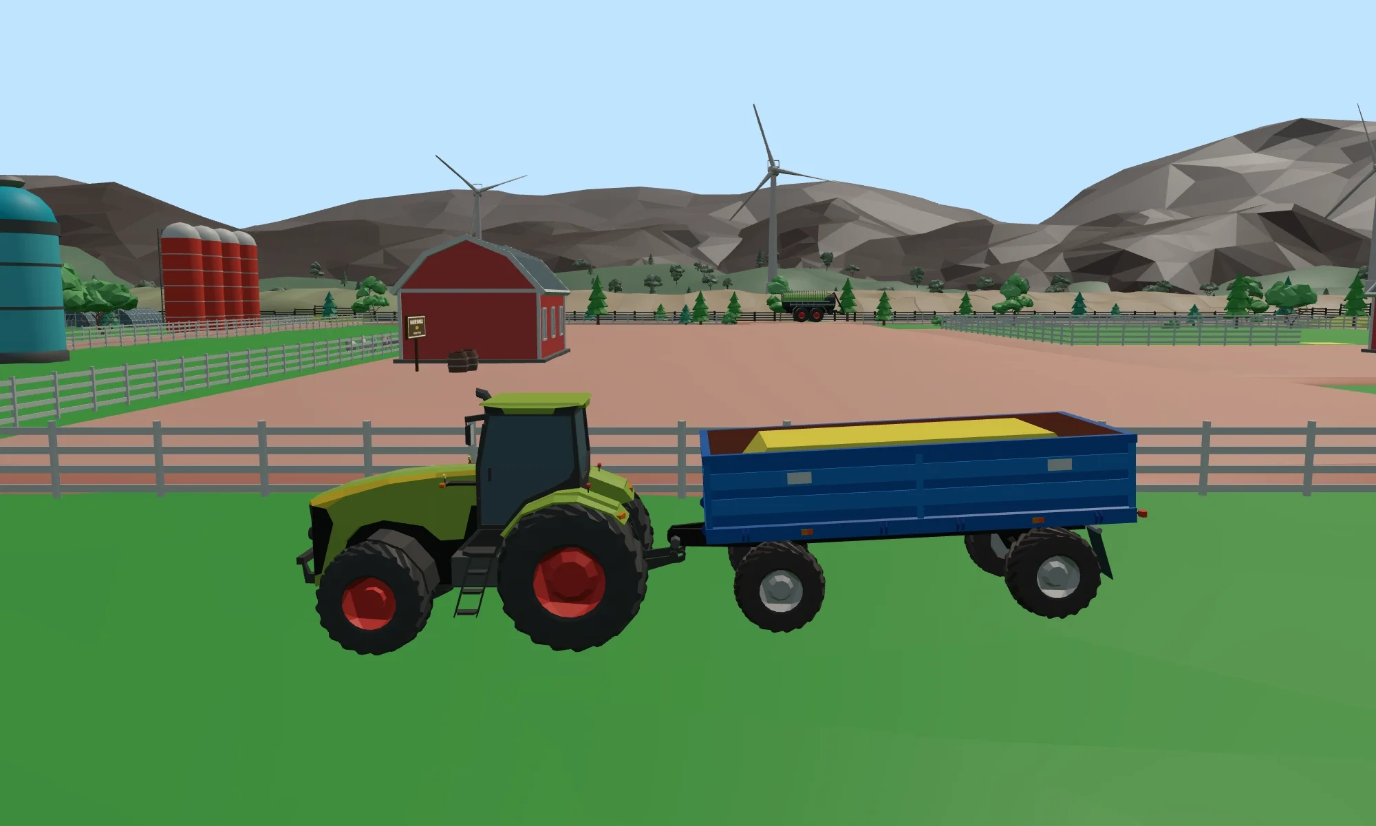 A tractor and loaded grain trailer parked beside the barn in the farmyard.