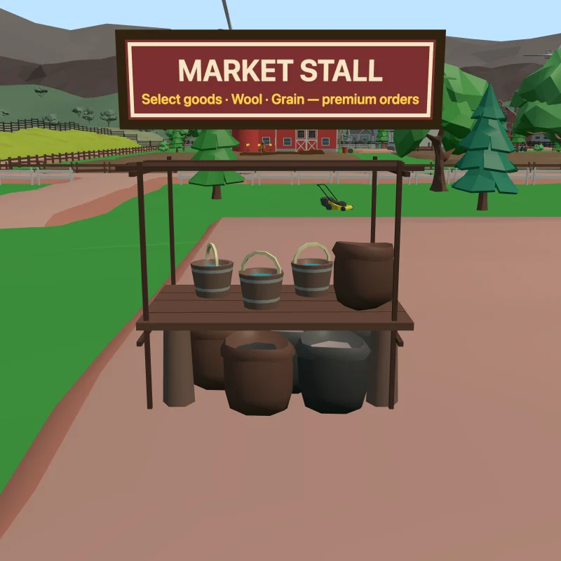 A wooden market stall with buckets and sacks on and under the table, beneath a hanging Market Stall sign.
