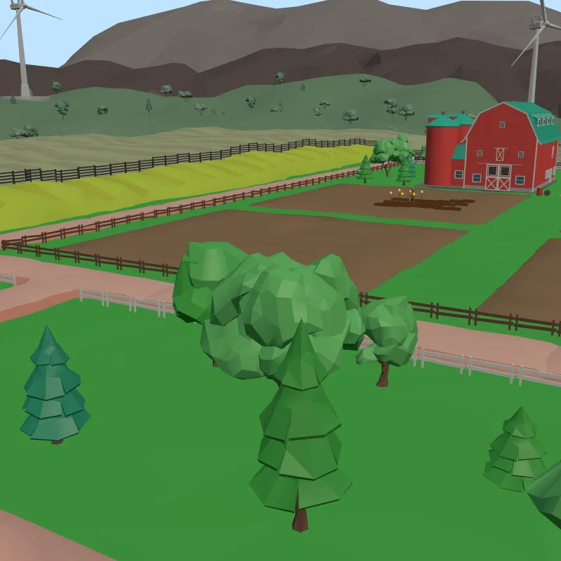 Firs and broadleaf trees on a green lawn, with a tilled field, a red barn and a silo behind.