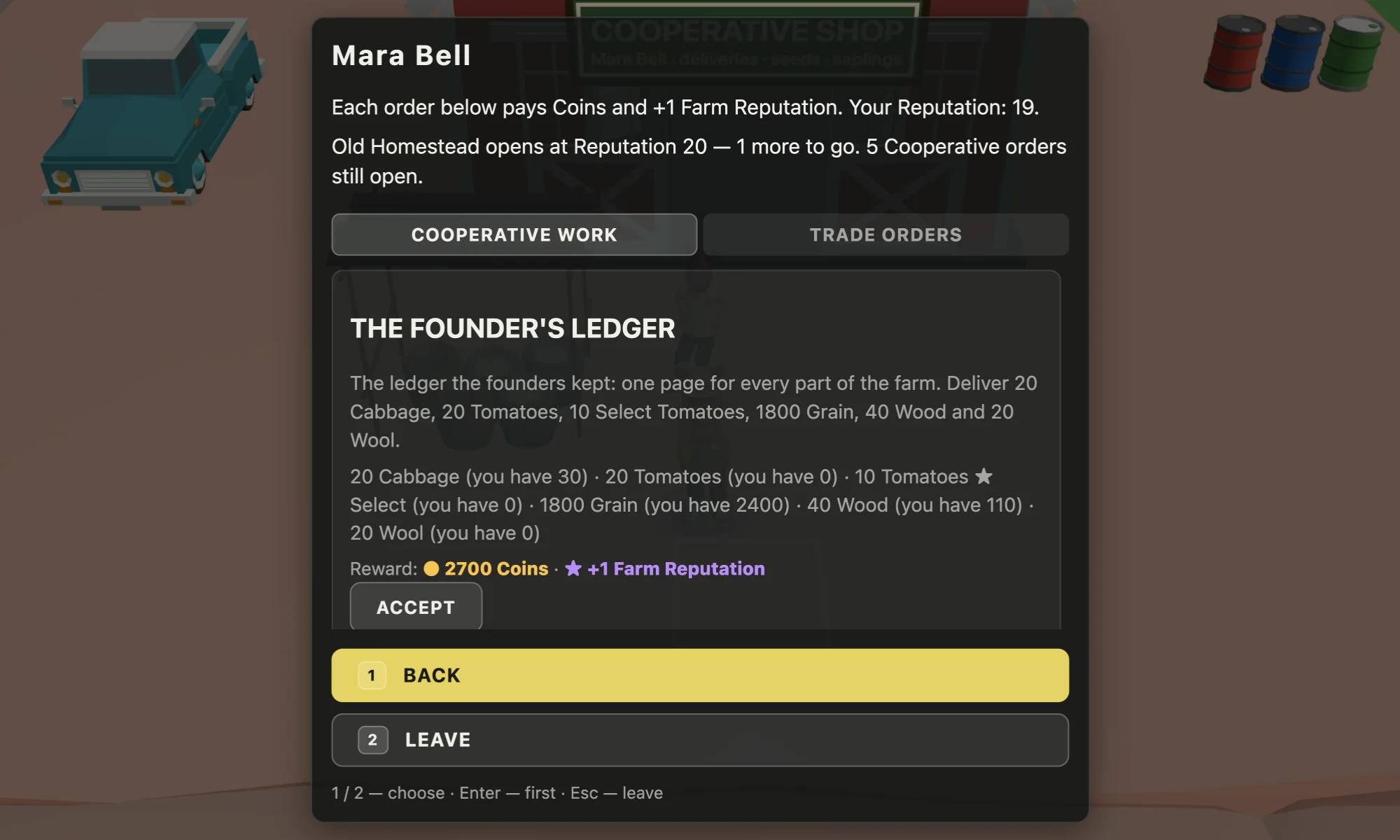 The cooperative work board at Mara Bell's shop: the Founder's Ledger order with its six deliveries and a reward of 2700 Coins and one point of Farm Reputation.