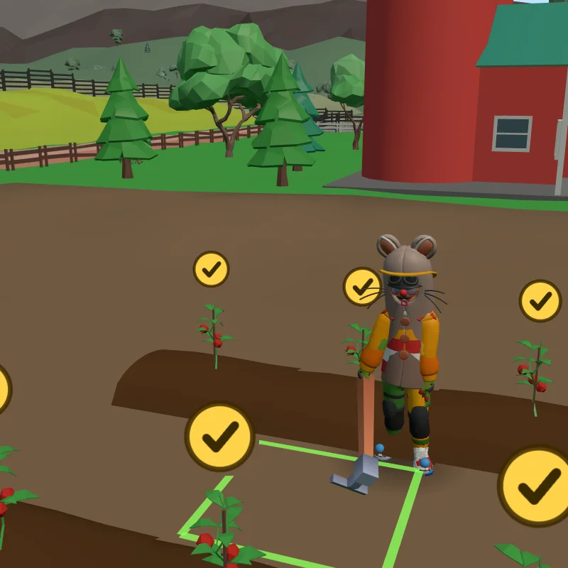 A farmer in a straw hat working a tilled bed with a hoe, young crops and yellow checkmarks around the plot.