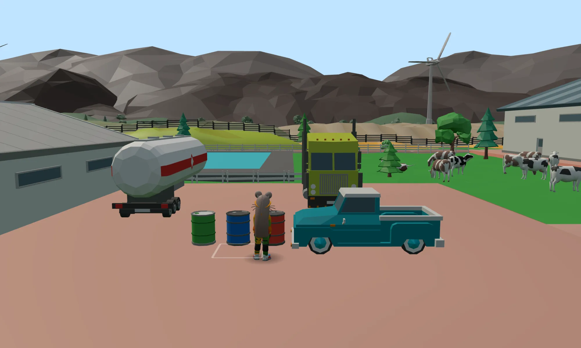 A farm pickup parked at the fuel barrels of the machine yard, a fuel tanker and a truck behind it, cattle grazing beyond the fence.